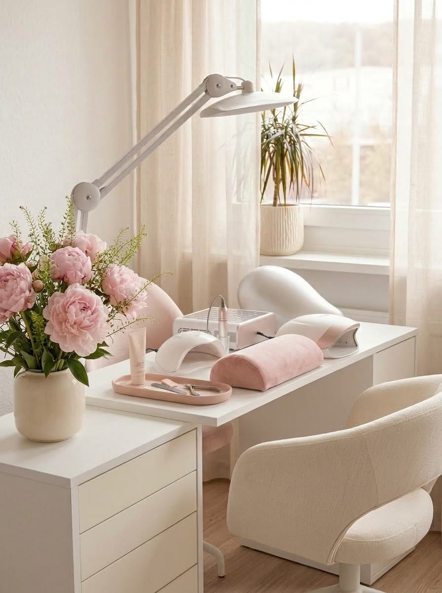 Heller Maniküre-Arbeitsplatz mit Lampe und Handauflage